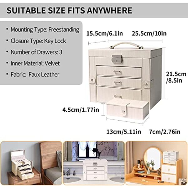 Jewelry Box Organizer with Mirror and 3 Drawers - Perfect Gift for Women and Girls - Keep Your Jewelry Safe and Organized in Style - Image 7