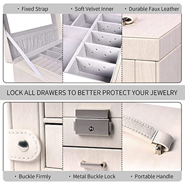Jewelry Box Organizer with Mirror and 3 Drawers - Perfect Gift for Women and Girls - Keep Your Jewelry Safe and Organized in Style - Image 4