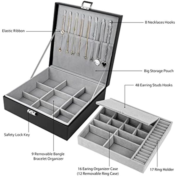 2 layer stackable jewelry box with removable jewelry organizer trays - Image 2