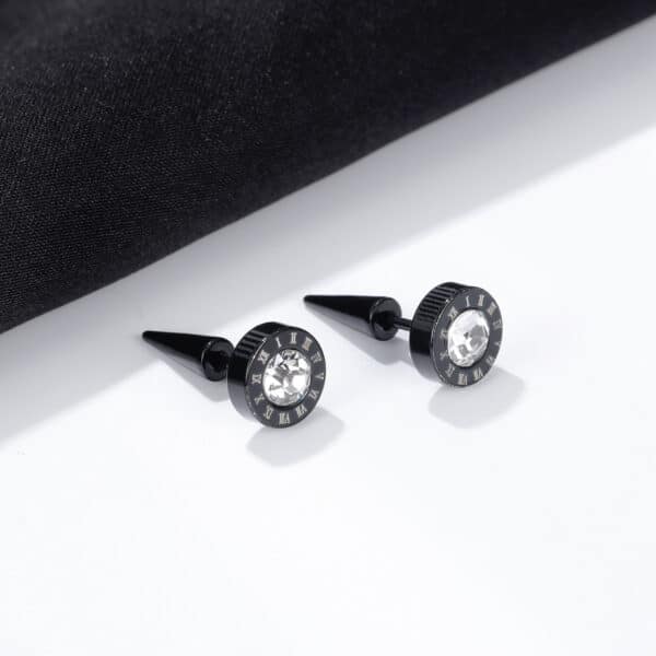 Stylish Men's Titanium Steel Roman Numeral Stud Earrings - 9mm Diameter - Image 2