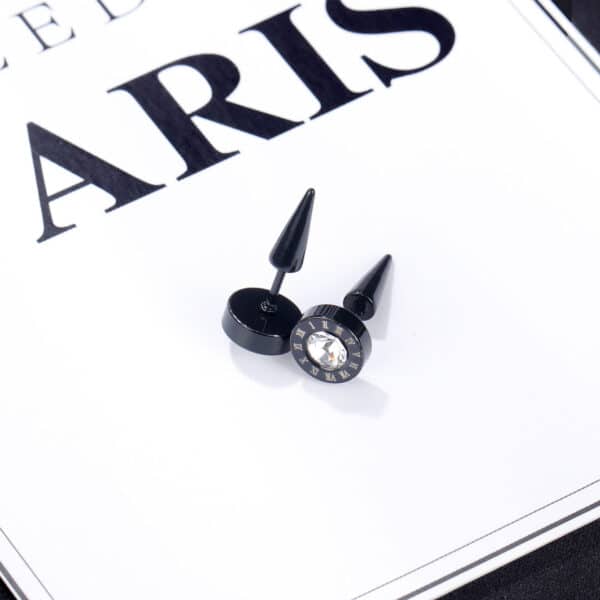 Stylish Men's Titanium Steel Roman Numeral Stud Earrings - 9mm Diameter - Image 5