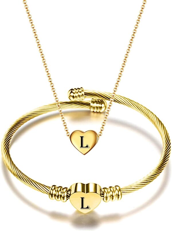 Stainless Steel Heart Name Necklace and Bracelet Set - Customizable with A-Z Letters - Image 5