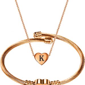 Stainless Steel Heart Name Necklace and Bracelet Set - Customizable with A-Z Letters