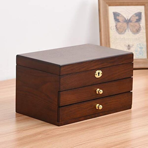 3-Layer Vintage Wooden Jewelry Box with Large Mirror - Image 5