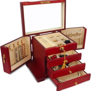 4 Layers Wooden Jewelry Organizer Display Case with Lock