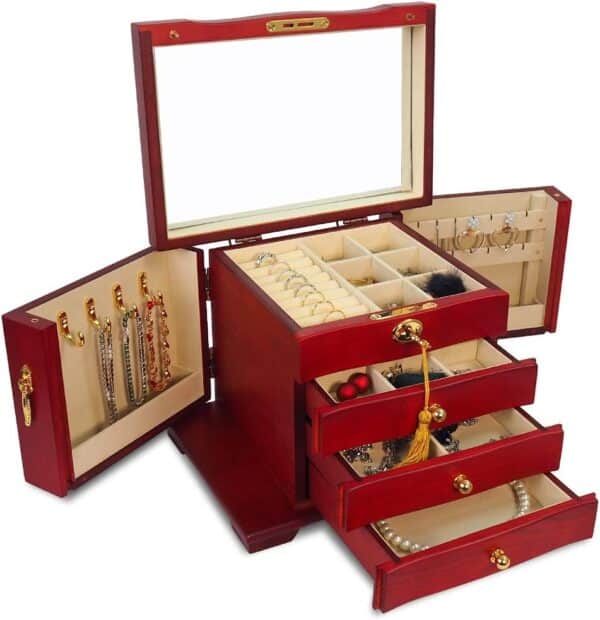 4 Layers Wooden Jewelry Organizer Display Case with Lock