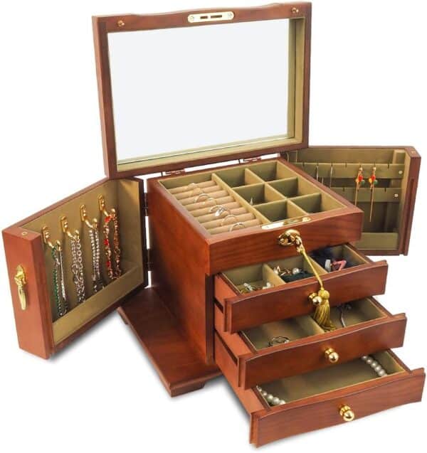 4 Layers Wooden Jewelry Organizer Display Case with Lock - Image 7