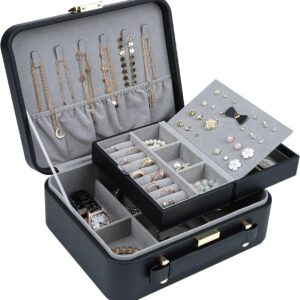 2 Layer Jewelry Organizer Box with Removable Tray for Earrings Rings Necklaces Bracelets Watches