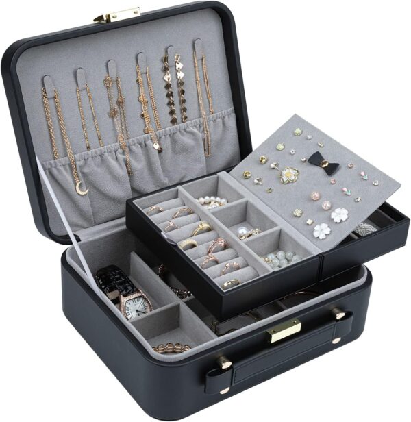 2 Layer Jewelry Organizer Box with Removable Tray for Earrings Rings Necklaces Bracelets Watches