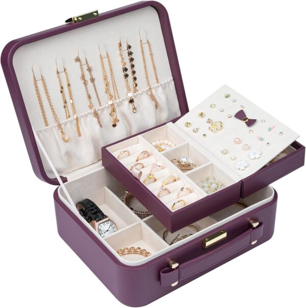 2 Layer Jewelry Organizer Box with Removable Tray for Earrings Rings Necklaces Bracelets Watches - Image 12